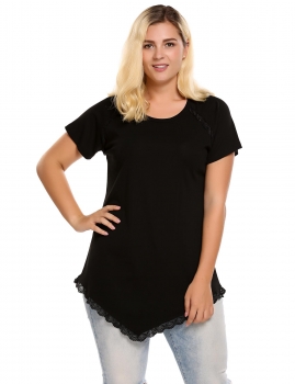 

Black Plus Sizes Short Sleeve Lace Trim Asymmetrical Hem T-Shirt, Multicolor