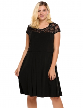 

Black Plus Size Vintage Style Lace Patchwork Short Sleeve Swing Dress, Multicolor