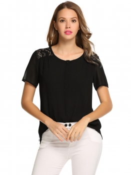 

Black O-Neck Short Sleeve Lace Patchwork Button Chiffon Loose Tops, Multicolor