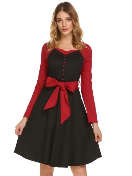 

Black Women Square Neck Long Sleeve Contrast Color Patchwork Retro Pleated Dress, Multicolor