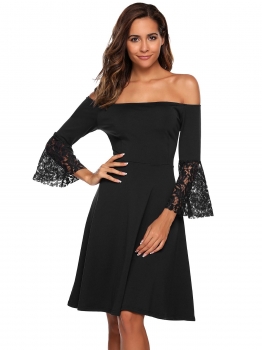 

Black 3"4 Flare Sleeve Off the Shoulder A-Line Dress, Multicolor