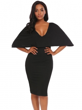 

Black Cape Sleeve V Neck Solid Club Cloak Dress, Multicolor