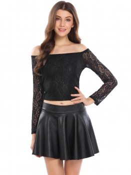 

Black Off the Shoulder Back Bow Belt Long Sleeve Short Lace Crop Top, Multicolor