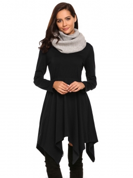 

Black Long Sleeve Solid Slim Irregular Hem Casual Dress, Multicolor