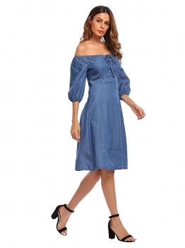 

Blue Off the Shoulder Half Sleeve Solid A-Line Dress, Multicolor