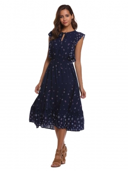 

Navy blue Ruffle Neck Sleeveless A-Line Dress, Multicolor