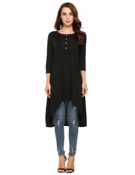 

Black Half Sleeve O Neck Solid Button Loose High-low Long Tops, Multicolor