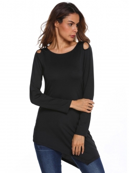 

Black Solid O-Neck Long Sleeve Hole Asymmetric Tops, Multicolor