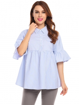 

Dark blue Women Casual Shirt Collar Half Trumpet Sleeve Striped Button Casual Tops, Multicolor