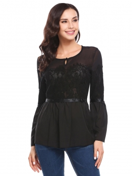 

Black Women Casual O-Neck Flare Sleeve Lace Patchwork A-Line Hem Sexy Chiffon Shirt Blouse, Multicolor