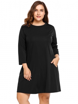 

Black Long Sleeve Solid Plus Size Dress with Pockets, Multicolor