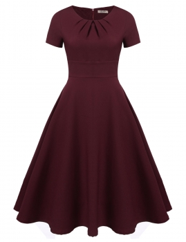 

Dark red Short Sleeve Draped Solid O-Neck High Waist Dress, Multicolor