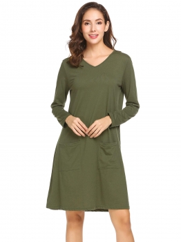 

Army green Women V-Neck Long Sleeve Solid Casual Loose Fit Tunic Casual Dress, Multicolor