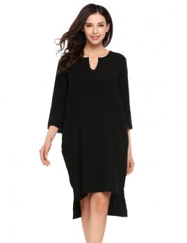 

Black Casual 3"4 Sleeve Solid Notch Neck Shift Dress, Multicolor