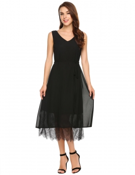 

Black V-Neck Sleeveless Solid Patchwork Lace Hem Dress, Multicolor