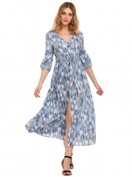 

Blue 3"4 Sleeve Print Button Up Split Maxi Dress, Multicolor