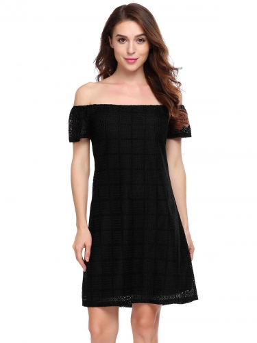 black solid slash neck off the shoulder a-line dress