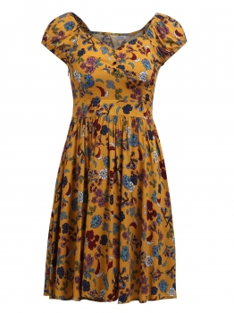 

Yellow Square Collar Puff Short Sleeve Prints Floral A-Line Casual Dress, Multicolor