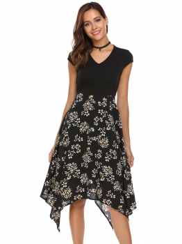 

Black Cap Sleeve Floral Patchwork Asymmetric Dress, Multicolor