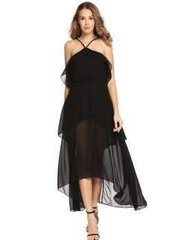

Black Sleeveless Ruffles Irregular Chiffon Maxi Dress, Multicolor
