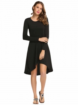 

Black Long Sleeve Solid Round Neck Loose Irregular Dress, Multicolor