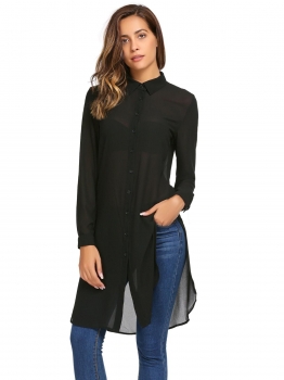 

Black Solid Turn-down Collar Long Sleeve Button Chiffon Long Shirt, Multicolor