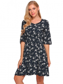 

Navy blue 3"4 Flare Sleeve Floral Fit and Flare Dress, Multicolor