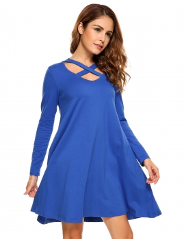 

Blue Long Sleeve Criss Cross V Neck Shift Dress, Multicolor