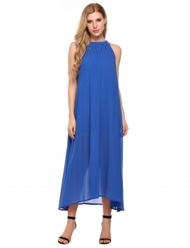 

Blue O-Neck Sleeveless Chiffon Solid Maxi Dress, Multicolor