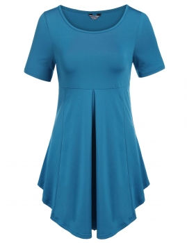 

Blue Short Sleeve Scoop Neck Pleated Soft Lightweight Dresses, Multicolor