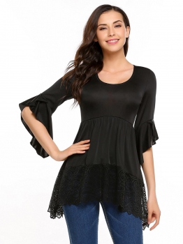 

Black Ruffle Half Sleeve Lace Patchwork Irregular Hem O-Neck Tops, Multicolor