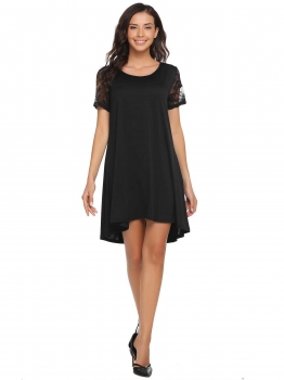 

Black O-Neck Short Sleeve Lace Patchwork A-Line Dress, Multicolor