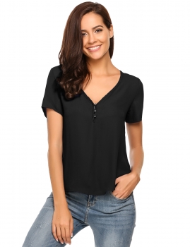 

Black V-Neck Button Short Sleeve Solid Loose Fit Chiffon Blouse, Multicolor