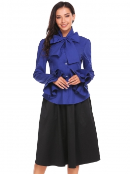 

Blue Tie-Bow Neck Flare Long Sleeve Solid Slim Fit Button Down Shirt, Multicolor
