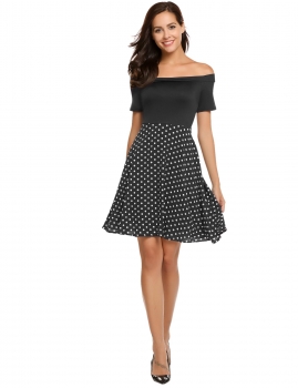 

Black Off The Shoulder Polka Dot Short Sleeve Cocktail Party Dress, Multicolor