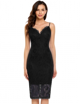 

Black Sleeveless Spaghetti Strap Lace Bodycon Pencil Dress, Multicolor