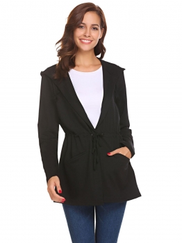 

Black Women Casual Hooded Long Sleeve Turn Down Collar Jacket, Multicolor