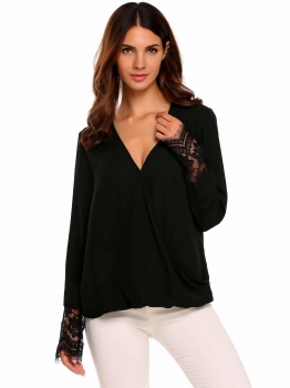 

Black Long Sleeve V-Neck Lace Patchwork Chiffon Blouse, Multicolor