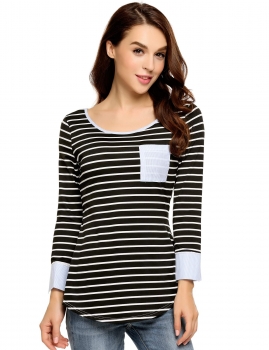 

Black Casual Long Sleeve Striped Patchwork Pocket Detail Tops, Multicolor