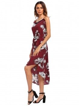 

Wine red Spaghetti Strap Backless Sleeveless Floral Asymmetric Dress, Multicolor