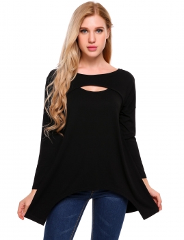 

Black Long Sleeve Split O Neck Loose Jagged Hemline T-Shirt, Multicolor