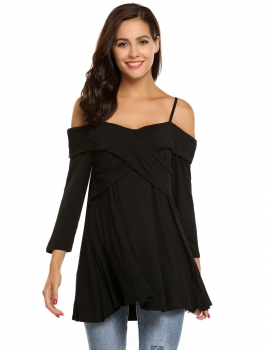 

Black Spaghetti Strap 3"4 Sleeve V Neck Cross Front Solid Loose Tops, Multicolor