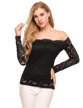 

Black Long Sleeve Slim Off the Shoulder Floral Lace Tops, Multicolor