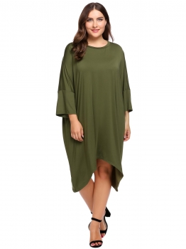 

Army green Plus Sizes Batwing 3"4 Sleeve Asymmetrical Loose Tunic Dress, Multicolor