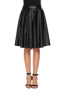 

Black Faux Leather High Waist Solid Bow Tie Swing Skirt, Multicolor