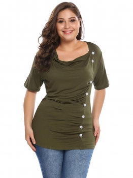 

Army green Plus Sizes Cowl Neck Short Sleeve Front Button Ruched Tops, Multicolor