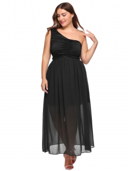 

Black Plus Size One Shoulder Ruched Chiffon Dress, Multicolor