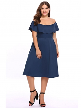 

Navy blue Plus Size Off the Shoulder Ruffled Flared Swing Dress, Multicolor