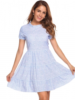 

Blue Ruffle Stand Neck Short Sleeve Elastic Cuffs Pleated Dress, Multicolor