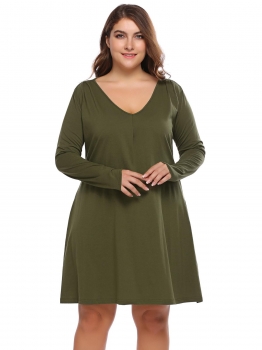 

Army green Solid Plus Size V-Neck Long Sleeve Tunic Dress, Multicolor